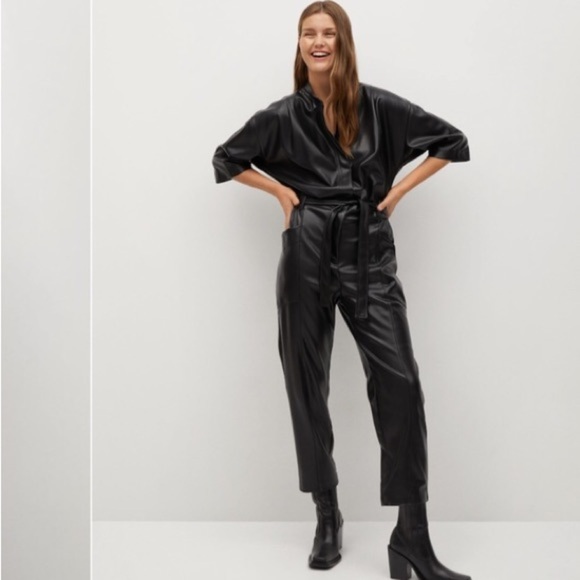 Mango MNG Play Suit Leather Tie Waist Jumpsuit in Black size L - Picture 1 of 16